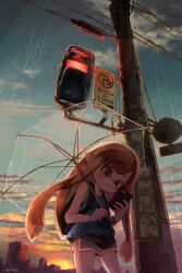 1girl anon1um blue_sky cellphone closed_mouth cloud commentary_request dolphin_shorts highres holding holding_phone holding_umbrella inkling inkling_girl inkling_player_character long_hair nintendo orange_hair outdoors phone pointy_ears rain road_sign shirt shorts sign signature sky sleeveless sleeveless_shirt smartphone smile solo splatoon_(series) splatoon_3 tentacle_hair traffic_light transparent transparent_umbrella umbrella