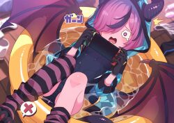 1girl asymmetrical_legwear black_hair blue_jacket blue_one-piece_swimsuit breasts character_request commentary_request constricted_pupils demon_girl demon_horns demon_wings hair_over_one_eye handheld_game_console highres holding holding_handheld_game_console hood hood_up horns horns_through_headwear jacket mismatched_legwear monster_musume_td multicolored_hair nintendo_switch one-piece_swimsuit open_mouth paid_reward_available partially_submerged pink_eyes pink_hair purple_socks purple_thighhighs robo_mikan short_hair single_sock single_thighhigh small_breasts socks solo speech_bubble spoken_x streaked_hair striped_clothes striped_socks striped_thighhighs swimsuit thighhighs variant_set wading_pool wavy_eyes wings