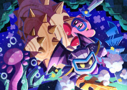 Rule 34 | absurdres, algae, armor, bat wings, colored skin, commentary request, galaxia (sword), goggles, highres, holding, holding sword, holding weapon, kirby, kirby&#039;s return to dream land, kirby (series), mask, meta knight, nintendo, no humans, pauldrons, pink skin, shoulder armor, signature, solid oval eyes, spikes, star (symbol), sword, underwater, watawata22, weapon, wings, yellow eyes