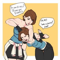 Rule 34 | black gloves, black skirt, blue shirt, blue tube top, brown hair, clothes around waist, commentary, dual persona, english commentary, fingerless gloves, gloves, headlock, jill valentine, kamii momoru, pants, resident evil, resident evil 3: nemesis, resident evil 3 (remake), shirt, short hair, simple background, skirt, speech bubble, strapless, sweater, sweater around waist, tube top, yellow background