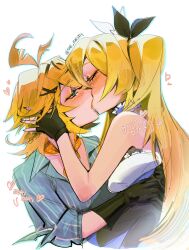 Rule 34 | 2girls, absurdres, ahoge, black gloves, blonde hair, blue eyes, blush, closed eyes, commentary, didi (galacticdidi), dokibird (vtuber), dokibird (vtuber) (bounty hunter), dokibird (vtuber) (retro doki), english commentary, gloves, heart, highres, indie virtual youtuber, kiss, long hair, medium hair, multiple girls, neckerchief, pinstripe pattern, pinstripe shirt, selfcest, shirt, simple background, twitter username, virtual youtuber, white background, yellow neckerchief, yuri