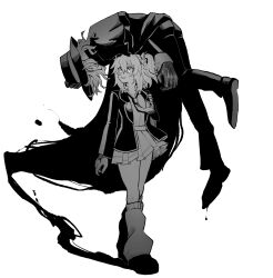 Rule 34 | 1boy, 1girl, arm at side, bag, blush, cloak, collared shirt, command spell, dripping, edmond dantes (fate), eye contact, fate/grand order, fate (series), fedora, floating, fujimaru ritsuka (female), full body, gloves, greyscale, grin, hair between eyes, hair ornament, hair scrunchie, hat, highres, id (fate/grand order), jacket, lapels, loafers, long sleeves, looking at another, looking at viewer, loose socks, medium hair, monochrome, necktie, notched lapels, one side up, open clothes, open jacket, pants, pleated skirt, school uniform, scrunchie, shirt, shoes, short hair, shoulder bag, simple background, skirt, smile, socks, tunamayo 0nigir, upside-down, walking, wing collar