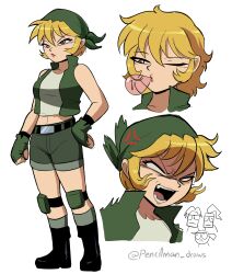 2boys 2girls absurdres bandana belt black_belt black_boots blank_eyes blonde_hair blowing_bubbles boots breasts brown_eyes commentary fingerless_gloves fio_germi frown glasses gloves green_bandana green_gloves green_shorts green_vest hand_on_own_hip highres kasamoto_eri knee_pads marco_rossi medium_breasts metal_slug multiple_boys multiple_girls one_eye_closed open_mouth pencilman_draws short_hair short_shorts shorts solo_focus tarma_roving twitter_username v-shaped_eyebrows vest