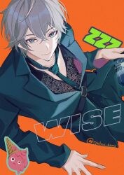 1boy aqua_eyes belt black_belt character_name food grey_hair highres hinatsu ice_cream jacket looking_at_viewer loose_necktie necktie open_clothes open_shirt orange_background short_hair simple_background smile solo suit_jacket twitter_username wise_(zenless_zone_zero) zenless_zone_zero zzz