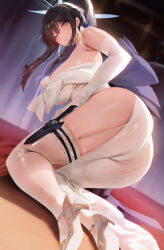 1girl absurdres armpit_crease ass bare_shoulders bent_over black_hair blue_archive blue_bow blue_eyes blue_hair blue_halo blush bow breasts closed_mouth commentary commission dress elbow_gloves gloves hair_intakes halo high_heels highres holster knife_sheath large_breasts long_hair looking_at_viewer multicolored_hair ponytail rororo saori_(blue_archive) saori_(dress)_(blue_archive) sheath shiny_skin shoes side_slit sideboob solo strapless strapless_dress thick_thighs thigh_holster thighhighs thighs two-tone_hair waist_bow white_dress white_gloves white_shoes white_thighhighs