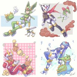 Rule 34 | 1girl, 3boys, armor, aztec falcon (mega man), blue eyes, blue headwear, buneary, crop top, crossover, dark-skinned male, dark skin, eye mask, fairy leviathan (mega man), fighting fefnir (mega man), fins, forehead jewel, gastrodon, gen 3 pokemon, gen 4 pokemon, gen 7 pokemon, green eyes, green headwear, head fins, head wings, helmet, hidden phantom (mega man), highres, horns, kirlia, mechanical wings, mega man (series), mega man zero (series), multiple boys, nintendo, official alternate color, pokemon, pokemon (creature), purple eyes, purple headwear, pyukumuku, red eyes, red headwear, sage harpuia (mega man), shoulder armor, signature, suama-yuki, v, water, wings