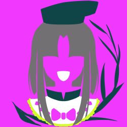 Rule 34 | black headwear, branch, collared shirt, frilled shirt, frilled shirt collar, frills, grey hair, hat, highres, limited palette, long hair, maskin mei, minimalism, nishida satono, open mouth, purple background, purple ribbon, ribbon, shirt, smile, tate eboshi, touhou, vector art
