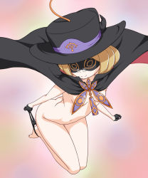 Rule 34 | 10s, 1girl, ass, barefoot, black gloves, black panties, blonde hair, censored, convenient censoring, female focus, glasses, gloves, half gloves, hat, long hair, mask, natasha (sekai seifuku), navel, nude, ossannoa, panties, panties around leg, sekai seifuku: bouryaku no zvezda, smile, solo, underwear, undressing