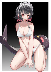 1girl absurdres anger_vein bare_shoulders barefoot bikini black_background black_hair breasts cleavage collarbone ellen_joe fins fish_tail frilled_hairband frills hair_ornament hairband highres kneeling large_breasts maid_headdress mole mole_under_eye muusn navel open_mouth red_eyes red_hair shark_girl shark_tail short_hair simple_background solo spiked_hairband spikes stomach swimsuit tail white_bikini zenless_zone_zero