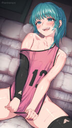 1girl absurdres aqua_eyes aqua_hair areola_slip arm_support basketball_uniform blush bottomless clothes_pull collarbone covered_erect_nipples highres jersey kanikatsuya mesh no_bra no_panties on_floor ponytail see-through_clothes see-through_shirt shirt shirt_pull shirt_slip shirt_tug smile solo sportswear sweat teeth tongue upper_teeth_only
