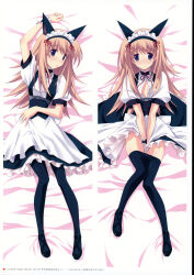 Rule 34 | 1girl, 2010, :o, absurdres, alternate costume, animal ears, apron, arm over head, arm up, bed sheet, belt, belt around waist, belt buckle, black corset, black dress, black pantyhose, black shoes, blonde hair, blush, breasts, buckle, buttons, cat ears, chaos;head, clenched hand, clenched teeth, clothes pull, collar, corset, covering privates, cross-laced clothes, cross-laced collar, cross-laced corset, cross-laced dress, cross-laced sleeves, dakimakura (medium), dated, dress, embarrassed, enmaided, frilled apron, frilled collar, frilled dress, frilled skirt, frills, hand on own stomach, highres, lace-trimmed sleeves, lace trim, long hair, long skirt, looking at viewer, maid, maid apron, maid headdress, mary janes, matsuo yukihiro, mayqueen maid uniform, multiple views, nishijou nanami, no bra, non-web source, official art, open clothes, open mouth, pantyhose, pantyhose around legs, pantyhose pull, puffy short sleeves, puffy sleeves, purple belt, purple eyes, red ribbon, ribbon, shoes, short sleeves, skirt, small breasts, solo, steins;gate, teeth, thick thighs, thighs, unbuttoned dress, waist apron, white apron, white petticoat