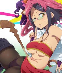 Rule 34 | 1girl, ;o, black hair, blush, book, breasts, bridal gauntlets, brown pantyhose, collarbone, collared shirt, cosplay, cosplay request, covered erect nipples, crotch seam, dress shirt, dumbbell nan kilo moteru?, female focus, finger to mouth, hairu, hat, index finger raised, large breasts, leaning back, long sleeves, looking at viewer, midriff, mole, mole under eye, navel, one eye closed, open clothes, open mouth, open shirt, panties, panties under pantyhose, pantyhose, pink hair, red skirt, shirt, short hair, shushing, single bare shoulder, sitting, skirt, skirt around one leg, skirt aside, solo, spread legs, staff, strapless, sweat, sweatdrop, tachibana satomi, thighband pantyhose, tube top, underboob, underwear, undressing, white shirt, wig, witch hat, yellow eyes