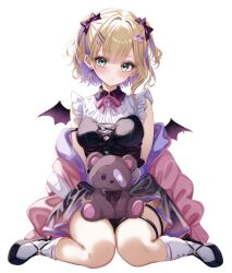 1girl bandaid_on_eye bare_shoulders blonde_hair blush bow bow_earrings breasts collared_shirt colored_inner_hair earrings full_body green_eyes hair_bow hair_ornament hairclip heart heart_earrings heart_hair_ornament highres jacket jewelry kurumi_noah large_breasts long_sleeves looking_at_viewer medium_hair multicolored_hair neck_ribbon pink_bow pink_hair pink_jacket pink_ribbon purple_skirt purple_wings ribbon sa-ya2 shirt simple_background sitting skirt socks solo stuffed_animal stuffed_toy teddy_bear thighs two-sided_bow two-tone_bow two-tone_hair virtual_youtuber vspo! wariza white_background white_shirt white_socks wings