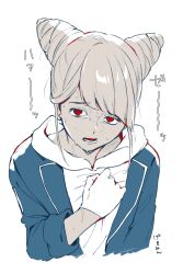 1girl absurdres commentary_request cone_hair_bun cropped_torso diagonal_bangs double_bun furrowed_brow gloves hair_bun hand_on_own_chest hand_up highres hood hood_down hoodie limited_palette long_sleeves looking_at_viewer open_mouth red_eyes short_hair sick simple_background solo sweat tomarigi_yasumi toshi_densetsu_kaitai_center translation_request upper_body wawatiku white_background