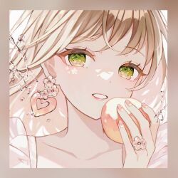 1girl border brown_border brown_hair collarbone commentary_request earrings food fruit green_eyes hand_up heart heart_earrings holding holding_food holding_fruit ilis_0226 jewelry long_hair looking_at_viewer nail_polish original parted_lips pink_nails portrait solo white_background