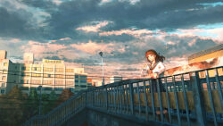1girl absurdres bird black_bird black_sailor_collar black_skirt bridge brown_eyes brown_hair building cloud cloudy_sky evening glasses highres holding holding_removed_eyewear lamppost long_skirt medium_hair neckerchief original pedestrian_bridge pleated_skirt power_lines railing red_neckerchief round_eyewear sailor_collar scenery school school_uniform shirt shuu_illust skirt sky solo standing unworn_eyewear white_shirt