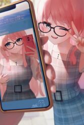 Rule 34 | 2girls, absurdres, bang dream!, bang dream! it&#039;s mygo!!!!!, blush, cellphone, chihaya anon, chinese commentary, closed mouth, commentary request, dress, glasses, grey dress, grey eyes, highres, holding, holding phone, juxtaposition, looking at another, looking at viewer, multiple girls, open mouth, phone, pinafore dress, plaid clothes, plaid dress, selfie, shirt, sklt (swyt8223), sleeveless, sleeveless dress, smartphone, v, white shirt