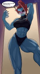 1girl 2023 abs arm_behind_head armpits beer_can black_tank_top blush breasts can drink_can drunk english_text eyepatch fingernails fins furry furry_female head_fins highres large_breasts looking_at_viewer muscular muscular_female no_nose open_door red_hair sharp_fingernails sharp_teeth signature tacticoolmofo tank_top teeth thick_thighs thighs undertale undyne