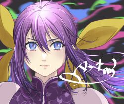 1girl artist_name blue_eyes chinese_clothes fatal_fury fatal_fury:_city_of_the_wolves futaba_hotaru garou:_mark_of_the_wolves hair_ribbon highres long_hair looking_at_viewer low_twintails pink_lips purple_hair ribbon serious snk solo the_king_of_fighters twintails