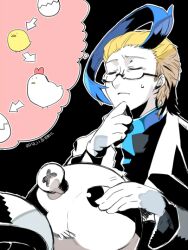1boy arrow_(symbol) bird black_background blonde_hair bolt_(hardware) chick chicken closed_eyes colress_(pokemon) dated egg eric_flay game_freak gen_1_pokemon gloves magnemite male_focus nintendo pokemon pokemon_(creature) pokemon_bw2 simple_background sweatdrop thinking white_gloves
