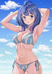 1girl :o absurdres armpits arms_behind_head bikini blue_bikini blue_eyes blue_hair blue_sky breasts cloud commentary_request highres kousan large_breasts looking_at_viewer make_heroine_ga_oo_sugiru! navel outdoors side-tie_bikini_bottom sky solo swimsuit yanami_anna