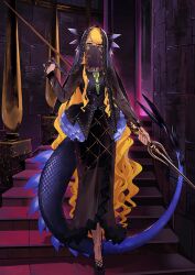 Rule 34 | 1girl, black corset, black shirt, black shoes, black veil, blonde hair, blue tail, breasts, corset, covered mouth, cross-laced clothes, cross-laced corset, dragon girl, dragon tail, fate/grand order, fate (series), frilled skirt, frills, full body, game cg, hand up, holding, holding behind back, holding polearm, holding polearm behind back, holding weapon, holding weapon behind back, horns, la-na, legs together, long hair, long sidelocks, long skirt, long sleeves, looking at viewer, medium breasts, mouth veil, official art, overskirt, polearm, scales, shirt, shoes, sidelocks, skirt, solo, standing, swept bangs, tail, third-party source, variant set, veil, veil lift, very long hair, vritra (fate), vritra (first ascension) (fate), weapon, yellow eyes