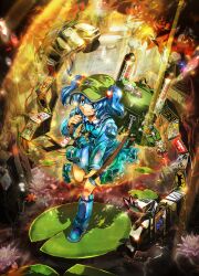 Rule 34 | 1girl, absurdres, backpack, bag, bicycle, blue boots, blue eyes, blue hair, blue shirt, blue skirt, blush, boots, bug, butterfly, character doll, charm (object), chen, chen (cat), closed mouth, commentary request, doll, flower, frog, green bag, green hat, hair bobbles, hair ornament, hat, highres, hong meiling, im (badmasa), insect, inubashiri momiji, kappa, kawashiro nitori, key, kirisame marisa, leaf, leg up, light rays, lily pad, looking at viewer, mechanical arm, mechanical arms, nature, nobiiru arm, outdoors, photoshop (medium), reflection, rubber boots, shirt, single mechanical arm, skirt, smile, solo, sunbeam, sunlight, touhou, two side up, water, yakumo yukari, yukkuri shiteitte ne
