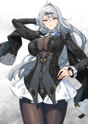 1girl ahoge arm_behind_head arm_up black_shirt breasts brown_pantyhose cleavage commentary_request cuboon grey_hair hair_intakes hair_ornament hairclip hand_on_own_hip large_breasts long_hair long_sleeves looking_at_viewer pantyhose parted_lips shirt skirt solo white_skirt yellow_eyes yi_xuan_(trails_of_ink)_(zenless_zone_zero) yi_xuan_(zenless_zone_zero) zenless_zone_zero