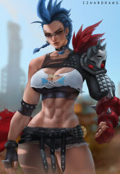 1girl abs artist_name black_choker black_shorts blue_hair braid breasts choker crop_top denim denim_shorts earrings eyebrow_piercing highres izhardraws jewelry junker_queen_(overwatch) large_breasts lip_piercing lip_ring looking_at_viewer micro_shorts mohawk muscular muscular_female overwatch piercing red_eyes short_hair shorts solo