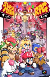 3girls 6+boys :d aero_(super_mario_rpg) arm_cannon armlet axem_black axem_green axem_pink axem_red axem_yellow beard belome black_hair blonde_hair blue_cape blue_eyes blue_headwear blue_overalls bob-omb booster_(super_mario_rpg) bowser bowyer bracelet brown_footwear brown_hair cape castle character_doll closed_mouth commentary copyright_name croco_(super_mario_rpg) crown dodo_(super_mario_rpg) doll dress earrings english_commentary everyone exor facial_hair fangs geno_(mario) gloves green_hair hat highres holding holding_doll holding_polearm holding_sack holding_staff holding_weapon horns jewelry jonathan_jones logo long_hair long_sleeves mack mallow_(mario) mario mario_(series) mike_luckas multiple_boys multiple_girls mustache nintendo open_mouth overalls pink_dress pink_hair pink_shoes piranha_plant polearm princess_peach punchinello red_cape red_eyes red_hair red_headwear red_shirt sack shirt shoes short_hair shy_guy shyster smilax smile smithy snifit spiked_armlet spiked_bracelet spiked_shell spikes square_enix staff standing star_(symbol) super_mario_rpg sword teeth thick_eyebrows top_hat trident tusks valentina_(super_mario_rpg) watermark weapon web_address white_gloves yaridovich