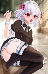 1girl absurdres anfuji_uiro black_dress black_ribbon black_thighhighs choker commentary_request dress fate/grand_order fate/grand_order_arcade fate_(series) foot_out_of_frame frilled_choker frills hair_ribbon hand_up highres kama_(fate) kama_(mistake)_(fate) kama_(mistake)_(second_ascension)_(fate) looking_at_viewer maid maid_headdress neck_ribbon no_shoes on_floor open_mouth puffy_short_sleeves puffy_sleeves red_eyes red_ribbon ribbon short_hair short_sleeves sweatdrop thighhighs white_hair white_wrist_cuffs wrist_cuffs