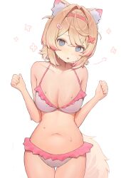 Rule 34 | 1girl, :o, absurdres, animal ears, bandaid, bandaid hair ornament, bare shoulders, bikini, blonde hair, blue eyes, blush, breasts, cleavage, collarbone, colored inner animal ears, commentary, dog ears, dog girl, dog tail, english commentary, frilled bikini, frills, hair intakes, hair ornament, hairband, hairclip, highres, hololive, hololive english, large breasts, looking at viewer, medium hair, mococo abyssgard, multicolored hair, navel, open mouth, pink bikini, pink hair, pink hairband, simple background, solo, stomach, sweat, swimsuit, szuukie, tail, thighs, two-tone hair, two side up, virtual youtuber, white background, white bikini