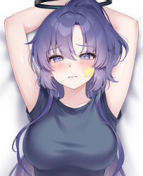 Rule 34 | 1girl, absurdres, arms up, black halo, black shirt, blue archive, blue eyes, blush, breasts, closed mouth, halo, highres, kuca (ku ca18), large breasts, long hair, looking at viewer, mechanical halo, ponytail, purple hair, shirt, short sleeves, simple background, solo, star sticker, sticker on face, sweatdrop, white background, yuuka (blue archive)