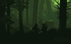 Rule 34 | 3others, animated, animated gif, artist name, forest, green theme, hand up, multiple others, nature, original, outdoors, pixel art, silhouette, tree, weilard