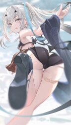 1girl :q absurdres ass ass_focus bikini black_bikini breasts dragon_wings fate/grand_order fate_(series) fish_bottle forked_eyebrows high_heels high_ponytail highres jacket jewelry long_hair looking_at_viewer melusine_(fate) melusine_(swimsuit_ruler)_(fate) melusine_(swimsuit_ruler)_(first_ascension)_(fate) oyaji_hime ponytail sidelocks small_breasts smile solo swimsuit tail thighlet tongue tongue_out unworn_jacket white_hair wings yellow_eyes