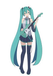 1girl absurdres aqua_eyes aqua_hair aqua_nails aqua_necktie aqua_trim bass_guitar black_footwear black_skirt black_sleeves boots closed_mouth collared_shirt commentary crossed_bangs detached_sleeves full_body funakinuta grey_shirt guitar hair_intakes hair_ornament hatsune_miku highres holding holding_bass_guitar holding_guitar holding_instrument instrument knee_boots light_blush long_hair long_sleeves nail_polish necktie number_tattoo pleated_skirt shirt shoulder_tattoo simple_background skirt sleeveless sleeveless_shirt standing tattoo twintails very_long_hair vocaloid white_background