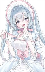 1girl absurdres blue_eyes blue_hair blue_nails bonnet bow collarbone corset detached_sleeves dress finger_heart frilled_dress frilled_sleeves frilled_wrist_cuffs frills hair_between_eyes hair_intakes hatsune_miku head_tilt heart heart_in_eye highres holding holding_own_hair light_blush long_hair looking_at_viewer nail_polish nare_(17_junana) open_mouth pale_skin puffy_short_sleeves puffy_sleeves ribbon short_sleeves simple_background smile solo symbol_in_eye teeth two_side_up upper_teeth_only very_long_hair vocaloid white_background wrist_cuffs