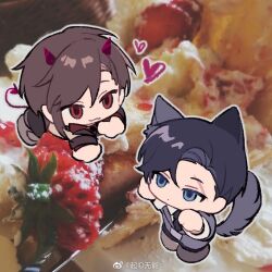 Rule 34 | 2boys, ameinu, animal ears, black hair, blue eyes, brown hair, cake, cat boy, cat ears, chibi, demon boy, demon horns, demon tail, food, fruit, heart, horns, kemonomimi mode, male focus, mini person, miniboy, multiple boys, original, photo background, red eyes, short hair, strawberry, tail, vest, watermark, weibo username, weibo watermark