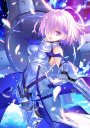 1girl :d armor armored_boots armored_gloves armored_leotard bare_shoulders black_gloves black_leotard boobplate boots bracer breastplate breasts cowboy_shot fate/grand_order fate_(series) faulds floating_hair game_cg gauntlets gloves gorget hair_over_one_eye hands_up heattech_leotard holding holding_shield leotard looking_at_viewer lord_camelot_(fate) mash_kyrielight mash_kyrielight_(paladin) medium_breasts official_art one_eye_covered open_mouth outstretched_arms pantyhose petals pink_hair purple_eyes shield short_hair smile solo spoilers takeuchi_takashi thigh_strap third-party_source trinity_metatronius_(fate/grand_order) turtleneck waist_cape white_armor