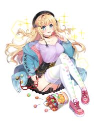 1girl alternate_costume alternate_hair_ornament alternate_hairstyle animal_ears animal_hair_ornament aqua_coat aqua_eyes aqua_hood aqua_sleeve_cuffs aqua_sleeves artist_request badge bare_shoulders beret black_choker black_corset black_garter_straps black_hat black_ribbon black_skirt black_straps blonde_hair blush braid breasts buckle button_badge buttoned_cuffs buttons candy cat_ears cat_hair_ornament chain choker coat corset cross-laced_clothes cross-laced_corset cross-laced_sleeves final_gear food french_braid full_body garter_straps glasses gold_chain hair_ears hair_intakes hair_ornament hairclip hat heart heart_choker heart_print highres holding holding_candy holding_food holding_lollipop holding_removed_eyewear horizontal-striped_thighhighs jacket layered_clothes lollipop long_hair looking_at_viewer loose_hair_strand medium_breasts multicolored_thighhighs off-shoulder_shirt off_shoulder official_alternate_costume official_alternate_hairstyle official_art pink_jacket pink_shoes pleated_skirt purple_shirt purple_sleeves red-framed_eyewear ribbon shirt shoes shyaditty_(final_gear) sidelocks simple_background single_strap sitting skirt sleeve_cuffs sneakers solo sparkle star_(symbol) star_hair_ornament star_in_eye star_print symbol_in_eye tachi-e thighhighs third-party_source tongue tongue_out transparent_background twintails two-sided_coat two-sided_fabric two_side_up unworn_eyewear very_long_hair white_thighhighs wispy_bangs