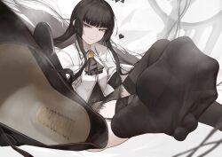 1girl arknights black_eyes black_hair black_thighhighs crossed_legs feet garter_straps highres long_hair looking_at_viewer oshin0_(zheng) pov see-through_clothes see-through_legwear shoes single_shoe smile soles steam thighhighs toes unworn_shoes virtuosa_(arknights)