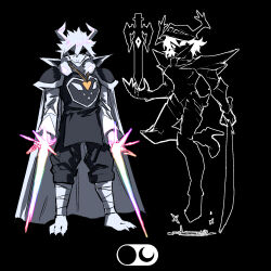 1boy 1girl alternate_form animal_ears armor asriel_dreemurr asriel_dreemurr_(god_of_hyperdeath) bandaged_leg bandages barefoot black_background black_sclera cape colored_sclera december_holiday deltarune dual_wielding facing_viewer full_body furry furry_male goat_ears goat_horns heart_pendant heartbreak_juan highres holding holding_sword holding_weapon horns pauldrons short_hair shoulder_armor simple_background smile standing sword weapon white_cape white_hair