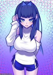 1girl artist_name black_hair blue_eyes blue_pupils blush breasts detached_sleeves hair_intakes hashtag-only_commentary highres hololive hololive_english large_breasts long_hair looking_at_viewer open_mouth ouro_kronii shorts sleeveless sleeveless_sweater solo standing sweater turtleneck turtleneck_sweater twitter_username virtual_youtuber white_sleeves white_sweater zenox5300