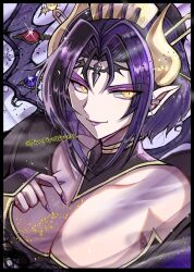 Rule 34 | 1girl, bare shoulders, black hair, black wings, breasts, cleavage, demon girl, demon horns, demon wings, digimon, eyeshadow, hair bun, highres, horns, large breasts, lilithmon, makeup, piyopiyowyvern, pointy ears, purple eyeshadow, purple hair, purple lips, solo, upper body, wings, yellow eyes