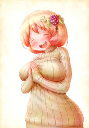 1girl aki_minoriko arinu blush breasts closed_eyes commentary_request dress female_focus fingernails food fruit grapes hair_ornament highres large_breasts leaf leaf_hair_ornament long_sleeves open_mouth orange_hair own_hands_together ribbed_sweater short_hair smile solo sweater sweater_dress teeth touhou turtleneck turtleneck_sweater