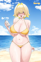 1girl :3 ahoge artist_name bare_shoulders beach bikini blonde_hair blue_sky blush bottle breasts breath cleavage cloud cloudy_sky collarbone commentary day elegg_(nikke) fang fingernails goddess_of_victory:_nikke hair_intakes hair_over_eyes heavy_breathing highres holding holding_bottle huge_breasts looking_at_viewer lotion_bottle medium_hair navel noorung ocean open_mouth outdoors pink_eyes sand skin_fang sky smile solo stomach sweat swimsuit thighs yellow_bikini