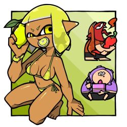 3girls bare_legs bare_shoulders barefoot bikini blonde_hair breasts cake chili_pepper cleavage dark-skinned_female dark_skin food food_in_mouth fruit holding holding_food holding_fruit inkling inkling_girl inkling_player_character lemon lemon_slice medium_breasts multiple_girls name_omoitukan2 navel nintendo octoling octoling_girl octoling_player_character pointy_ears shiny_skin short_hair side-tie_bikini_bottom smile spicy splatoon_(series) splatoon_3 swimsuit tentacle_hair thick_lineart yellow_bikini yellow_eyes