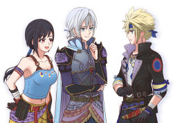 Rule 34 | 1girl, 2boys, arm strap, armpit crease, asami yutori, bare shoulders, black gloves, black hair, black jacket, blonde hair, blue cape, blue eyes, blue headband, blue shirt, breasts, brown gloves, cape, closed mouth, cloud strife, cloud strife (locke&#039;s outfit), collarbone, commentary request, cosplay, crop top, dagger, earrings, edgar roni figaro, edgar roni figaro (cosplay), final fantasy, final fantasy vi, final fantasy vii, final fantasy vii ever crisis, gloves, grey hair, hands on own hips, headband, jacket, jewelry, knife, locke cole, locke cole (cosplay), long hair, looking at another, low ponytail, medium breasts, midriff peek, multiple boys, navel, necklace, official alternate costume, open clothes, open jacket, open mouth, ponytail, red eyes, sabin rene figaro, sabin rene figaro (cosplay), sephiroth, sephiroth (edgar&#039;s attire), sephiroth (ever crisis), shirt, short hair, smile, spiked hair, sweatdrop, tifa lockhart, tifa lockhart (sabin&#039;s style), upper body, weapon, white background