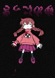 1girl batchgooya black_thighhighs blood blood_drip blood_on_clothes blood_on_hands braid brown_hair closed_eyes closed_mouth expressionless floating hair_between_eyes highres long_hair madotsuki mob_face pink_sandals pink_sweater pleated_skirt print_sweater purple_skirt sandals skirt solo static sweater thighhighs translation_request twin_braids yume_nikki
