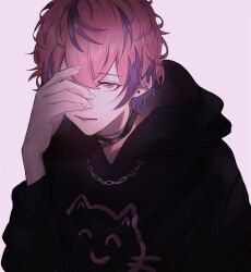 Rule 34 | 1girl, black choker, black hoodie, chain, chain necklace, choker, commentary, earrings, grey background, hair between eyes, hand over eye, hand up, highres, hood, hood down, hoodie, indie utaite, jewelry, lips, long sleeves, looking at viewer, mano aaa, multicolored hair, necklace, nqrse, one eye covered, parted lips, pink eyes, pink hair, print hoodie, purple streaks, ring, short hair, simple background, solo, streaked hair, stud earrings, upper body, utaite